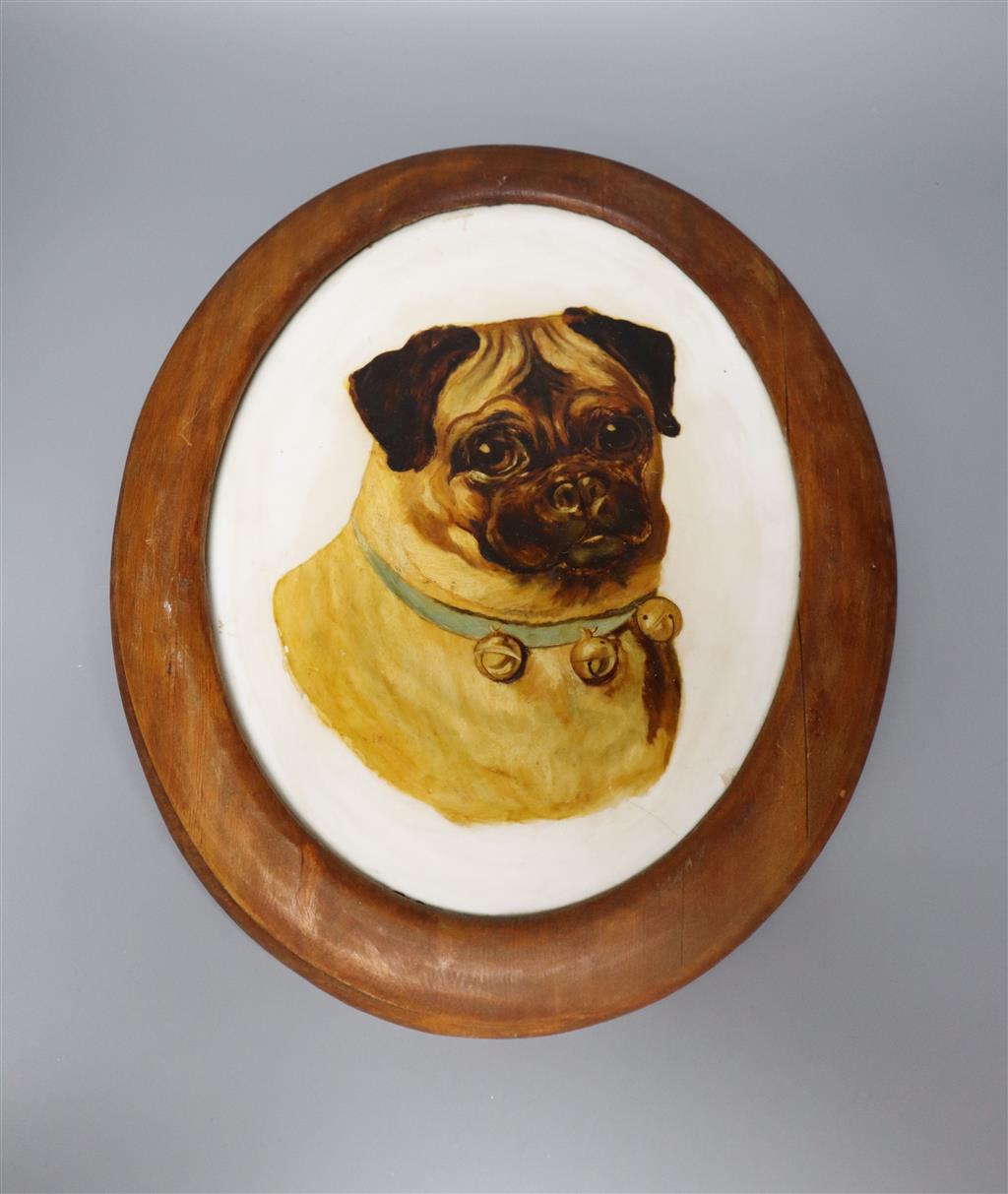 A Victorian painting on glass of a pug dog, height 31cm, width 24cm